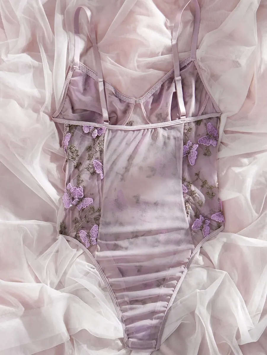 Hot Butterfly Embroidery Mesh Teddy Lace Up V Neck Backless ThongBodysuit Women's Sexy Lingerie & Underwear