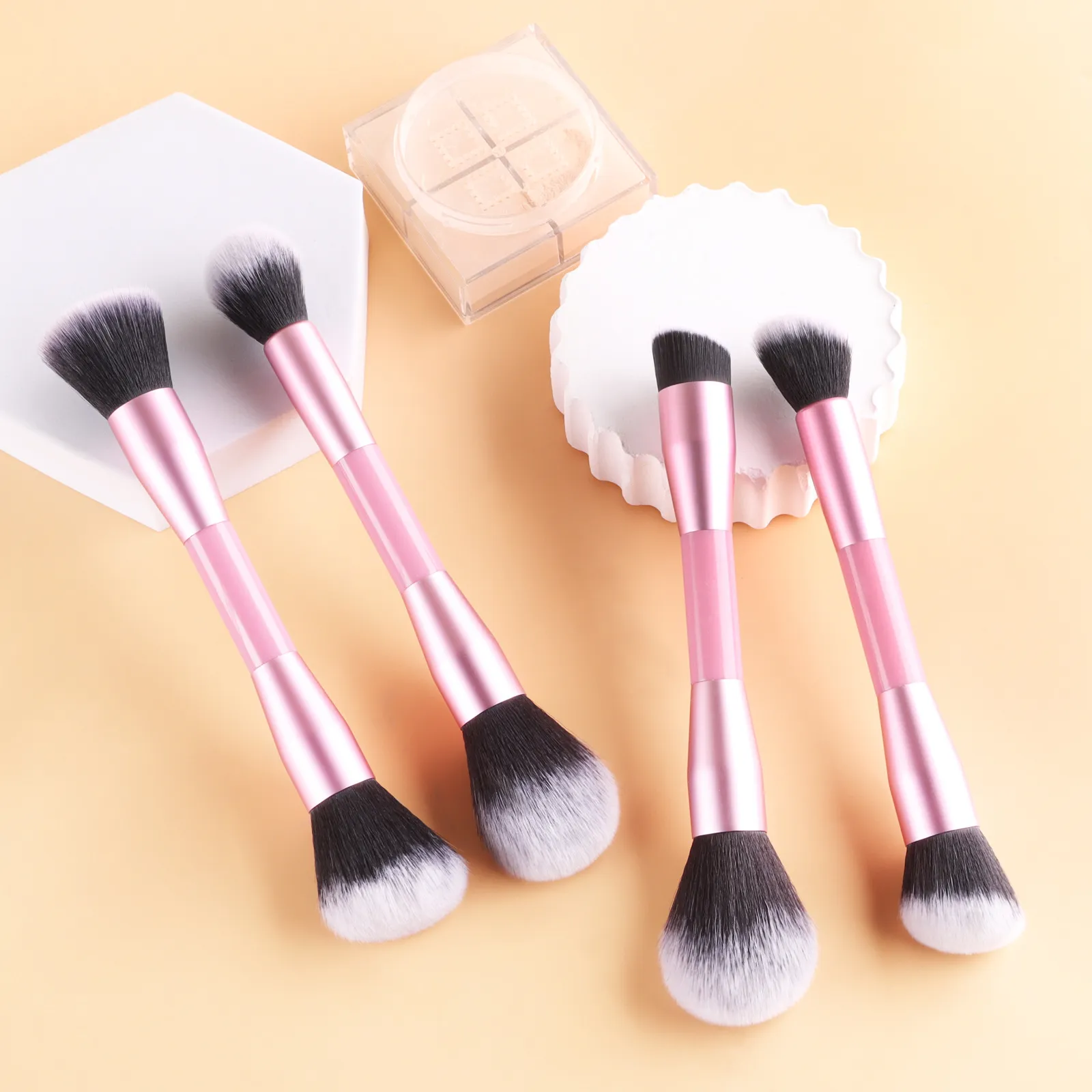 4Pcs Pink Double-Ended Makeup Brushes Set Easy Grip Plastic Handle Eyeshadow & Loose Powder Brushes — image 3