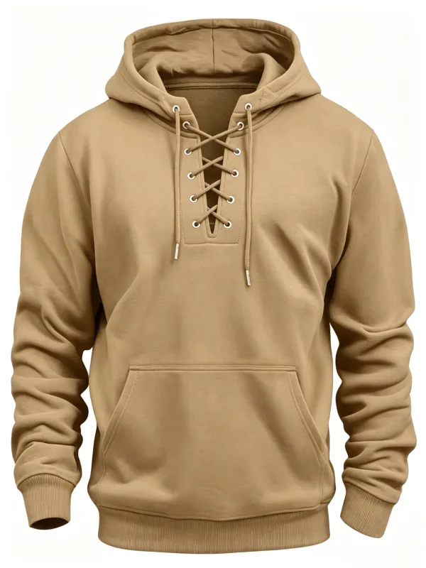 Autumn Fashion Mens Hooded Sweatshirts Lace-up Drawstring Long Sleeve Loose Hoodies Men Streetwear Vintage Solid Color Hoodies