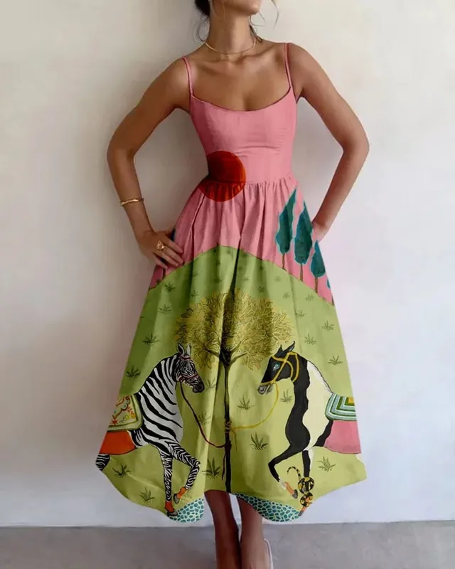 Summer Women Print Bodycon Dress Sling Cold Shoulder High Waist A-line Maxi Dresses Beach Party Gowns Casual Vestidos Fashion