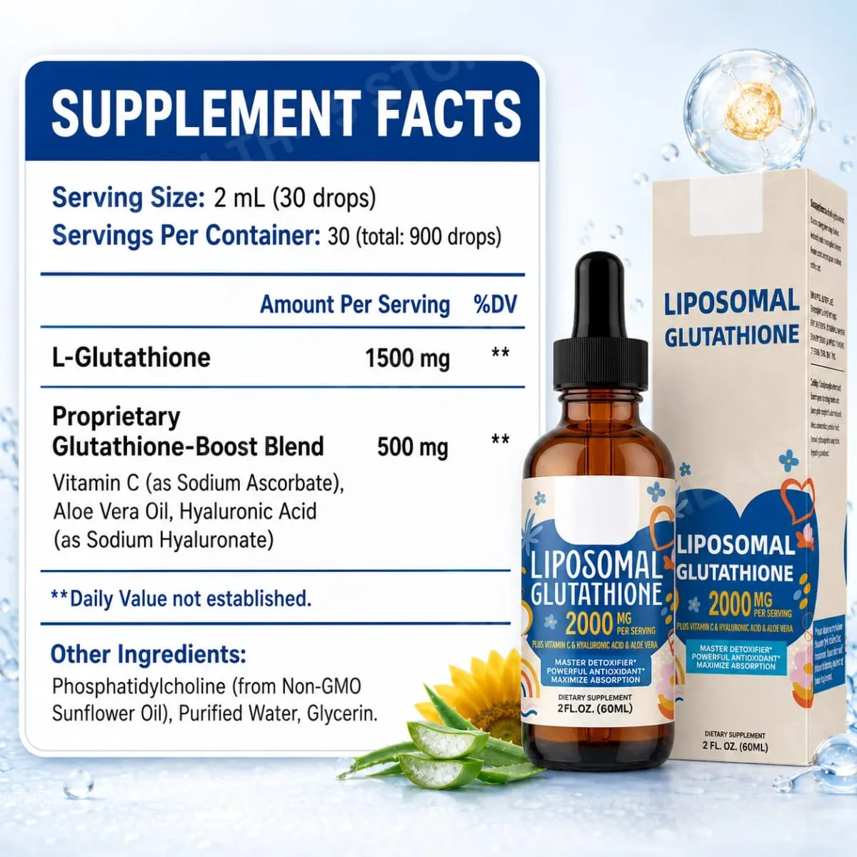 Liposomal Glutathione Liquid Drops 1500mg with Vitamin C Hyaluronic Acid & Aloe Vera for Beauty Glow and Hydration Support
