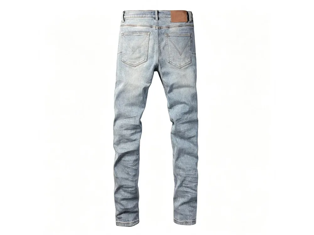 Men's Large Knee Ripped Slim Tapered Jeans Vintage Light Blue Wash Frayed Edges Button Fly High Street Style