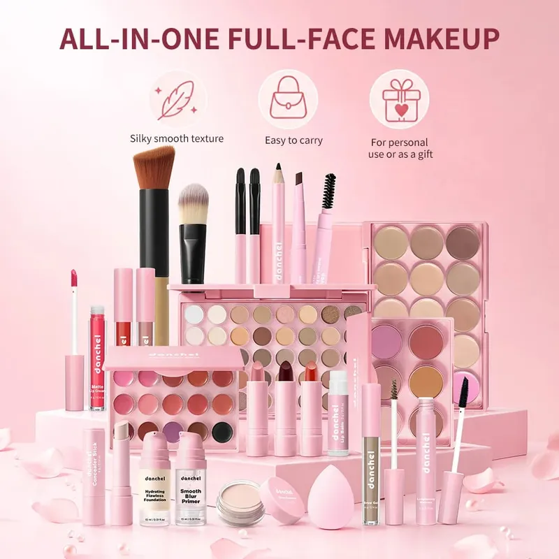 All in One Makeup Kit Lipstick Blush Contour Palette Primer Foundation Brush Lipgloss Eyebrow Full Makeup Kit Gift for Woman