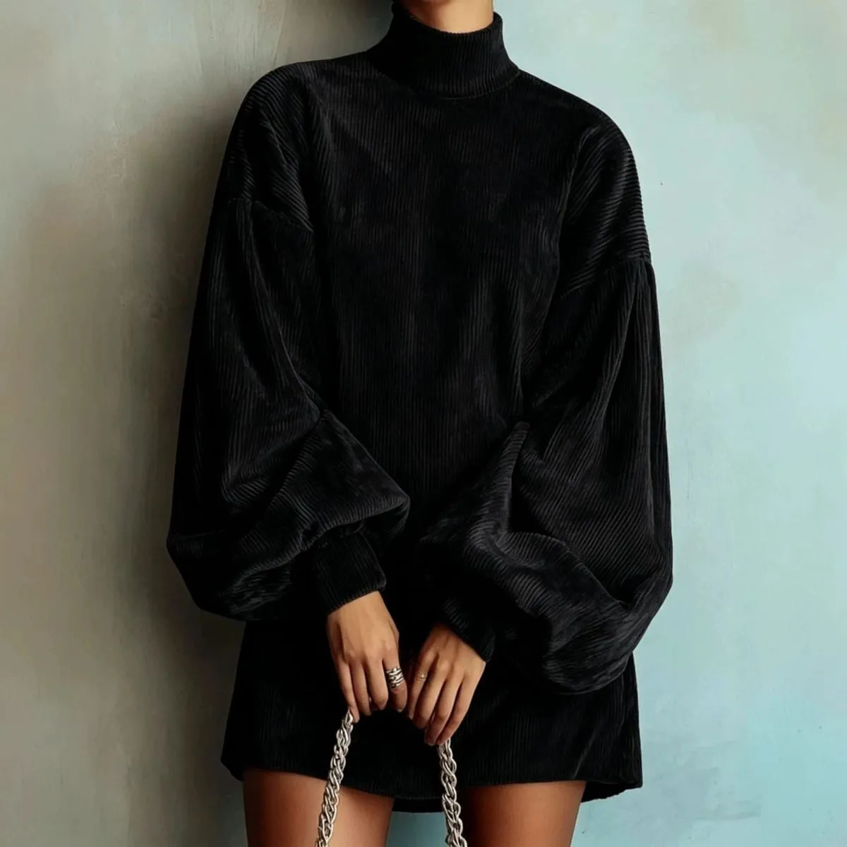 Women Corduroy Turtleneck Mini Dress Oversized Elegant Loose Lantern Sleeve Casual Dresses Autumn Winter Streetwear Short Dress