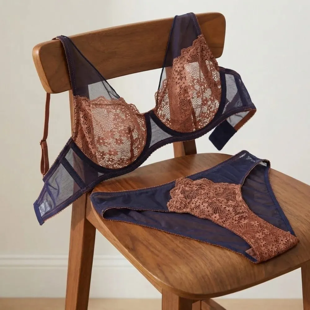 French Vintage Mesh Lace Flower Bra Set Lingerie Brassiere Mesh Bra Panties Kit Thin Underwear Push Up Bra Women Girl