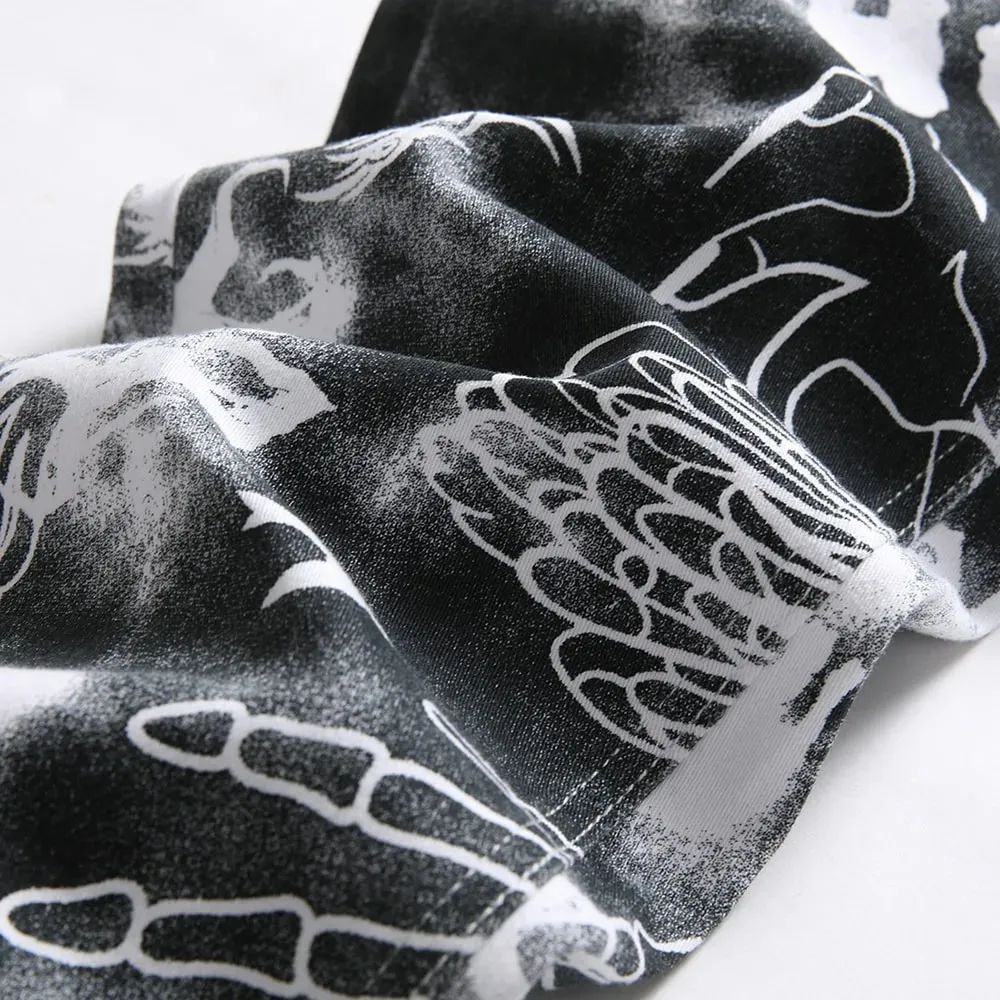 Men Skull Printed Jeans Fashion Devil Hand Pattern Denim Pants Black White Slim Straight Trousers — image 3