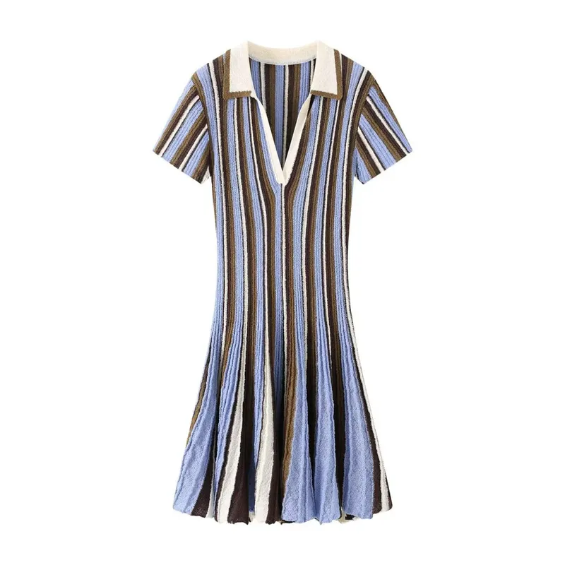 Short Sleeve Polo Collar Knitted Striped Mini Dress V Neck Waist Cinching Flared A Line Casual Summer Vacation Women Dresses