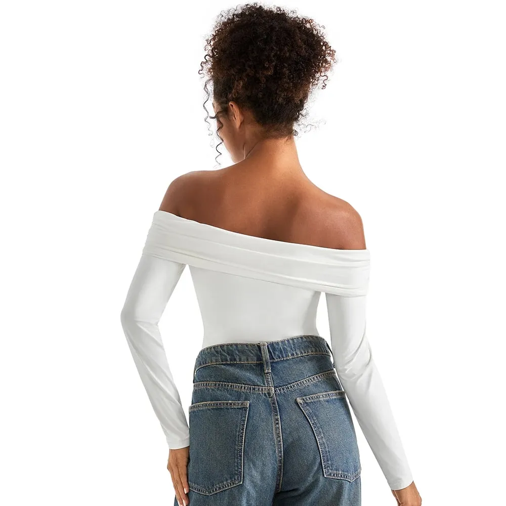 Basic Long Sleeve Bodysuit Blouse for Women Autumn Winter Slim Fit Off Shoulder Bodysuits Streetwear Y2K Bodycon Rompers Femme