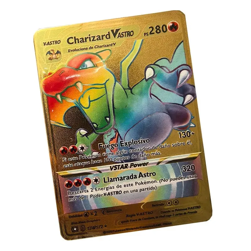 Pokemon Metal Cards in Spanish Pikachu Arceus Charizard DIY Trading Flash Card Anime Cartoon Gift