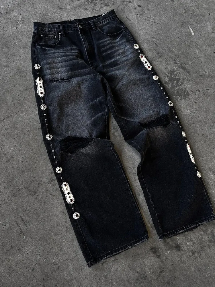 Mens Jeans Punk Vintage Streetwear Black Wide Leg Denim Pants Rhinestone Pearl Decor Ripped Distressed Loose Fit Y2K Fashion
