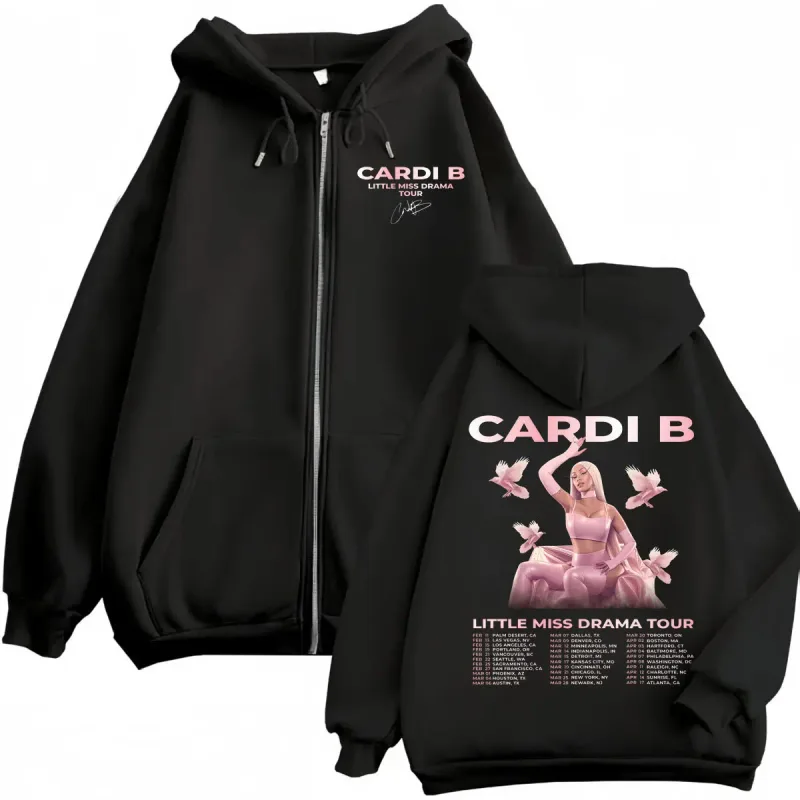 Rapper Cardi B Little Miss Drama Tour 2026 Zipper Hoodie Fashion Aesthetic Zip Up Sweatshirts Men Women Casual Loose Pullovers