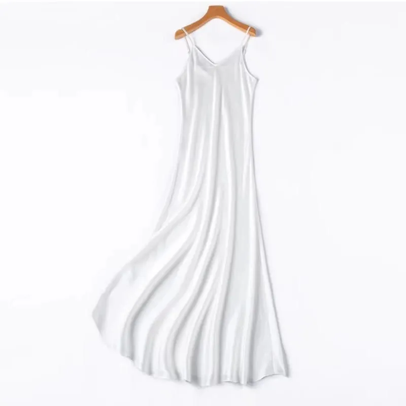 2026 Women's Fashion New 21MM 100% Natural Mulberry Silk Plain Satin Extended French Sexy Adjustable Shoulder Strap Solid Dress
