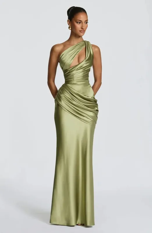 Elegant Solid Ruched Satin Maxi Dress Women One-shoulder Sleeveless Slim Fit Flowy Dresses 2026 Lady Summer Evening Vestidos