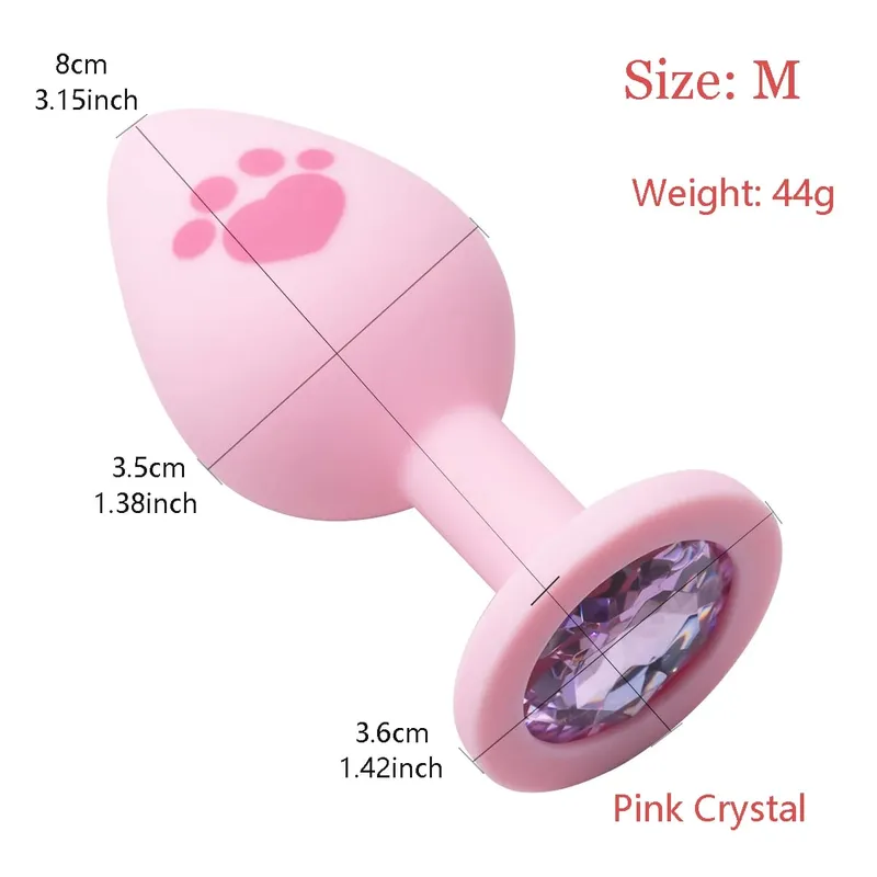 Pink Silicone Anal Plug for Woman 4 Sizes Cat Paw Pattern Smooth Surface Butt Plug Crystal Base Sex Toys For Woman Anal Dildo