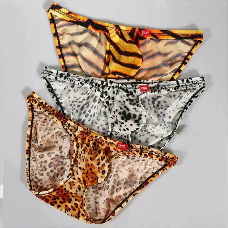 Leopard Ice Silk Mens Sexy Underwear Ultra-thin Silky Convex Pouch Briefs Smooth Man Panties Breathable Low Waist Men Underpants