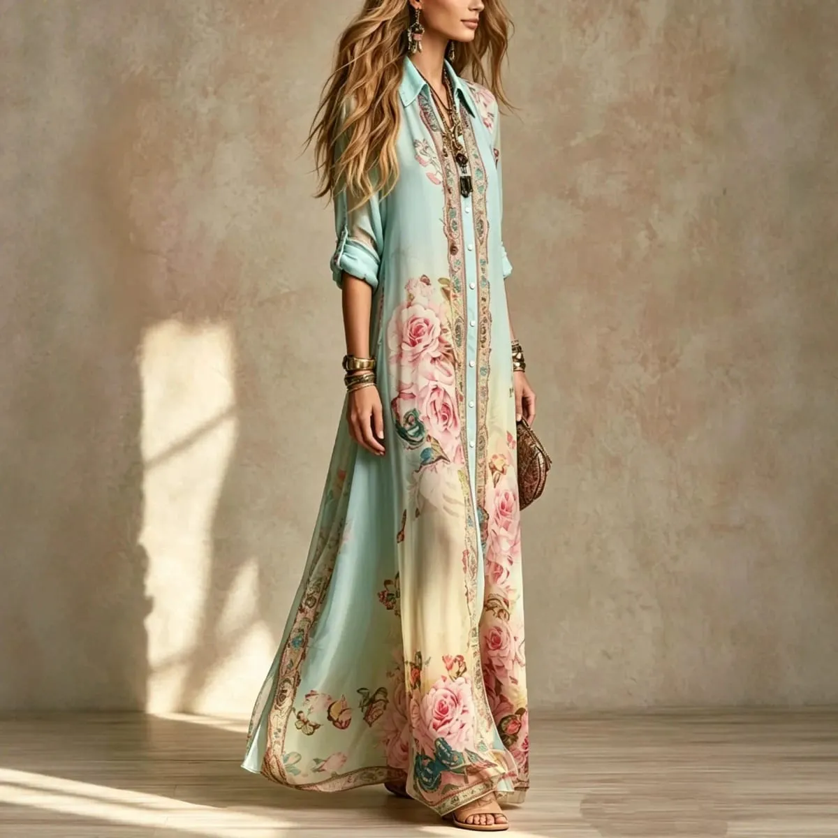 Boho Floral Print Shirt Dresses Women Turn-down Collar Single-breasted Loose Long Dress Summer Casual Beach Vacation Flowy Dress — image 4