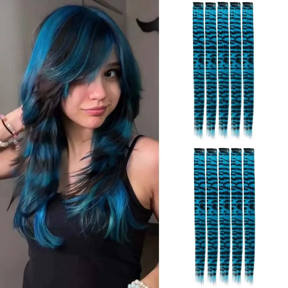10pcs/set Stripe Printed Hair Colorful Long Straight Hair Pieces Synthetic Clip-in Hair Extensions for Daily Use Party Christmas