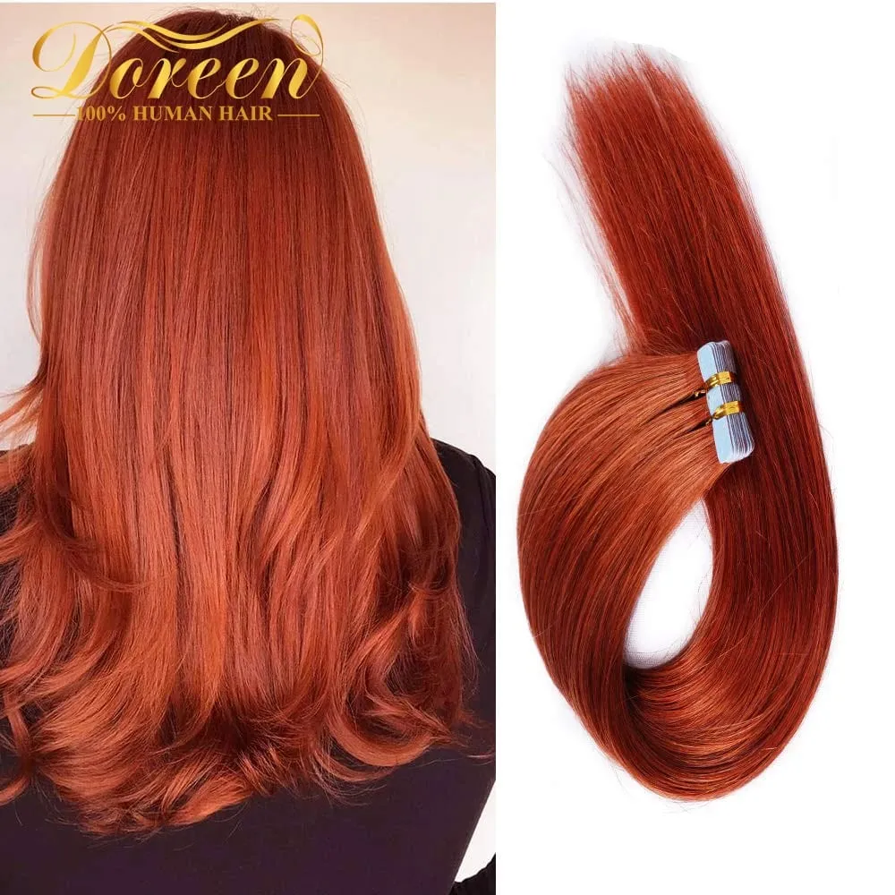 Doreen Copper Red Tape In Human Hair Extensions 16 to 22 Inch 50g/set PU Seamless Skin Weft 350# Colored Hair Extensions Tape in
