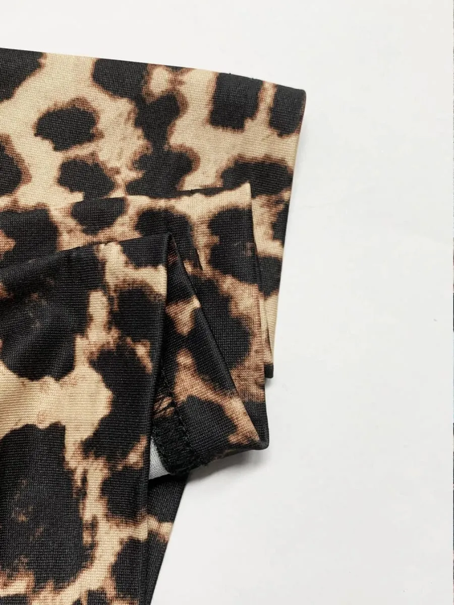 Women's Loose Fit Midi Dress Solid Color Wave Hem Design Comfortable Soft Fabric Leopard Print Summer Casual Wear