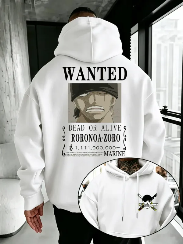 Bandai One Piece Mens Hoodie New Autumn Winter High Quality Warm Pullover Featuring Zoro Wanted Poster Print Casual Style