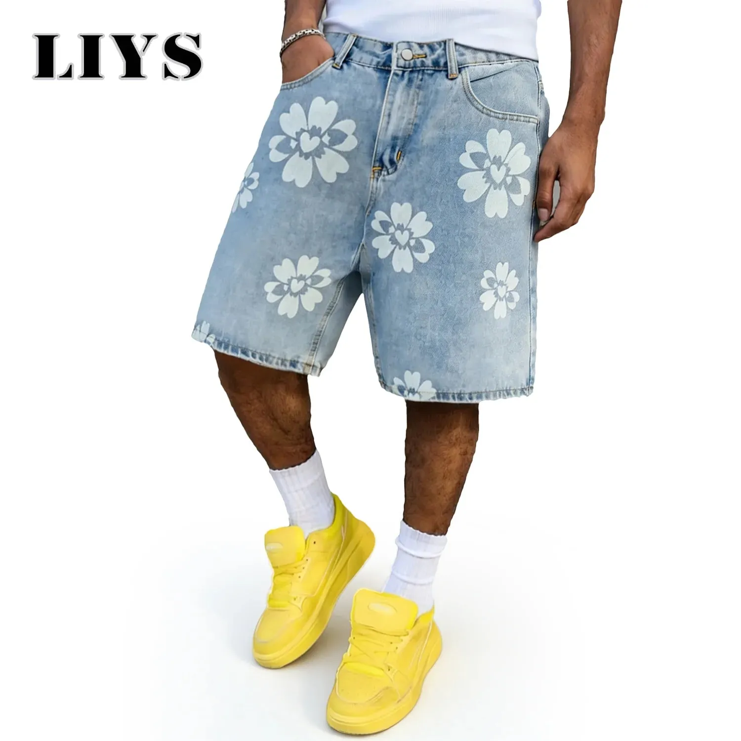 Fresh Delicate Style Flower Print Fashionable Wide Leg Men's Jeans Y2K Casual Elegant Bermuda Denim Shorts Couple Pants