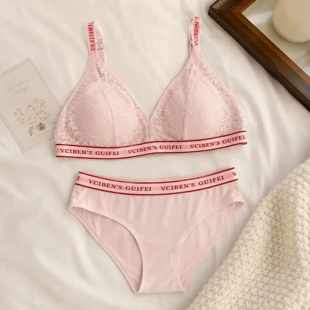 Comfortable Letter Design Lingerie Set Deep V Wireless Women Underwear Suit Color Blocking Lace Bra Panties Set Gift