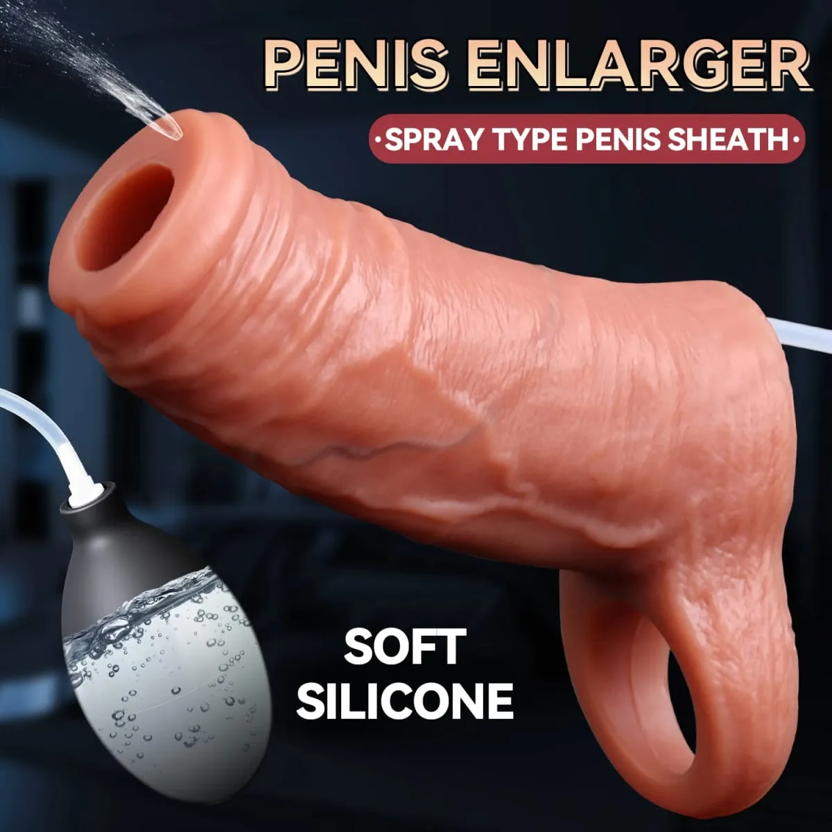 Male Ejaculation Cock Ring Sleeve Reusable Water Spray Penis Enlargement Extender Silicone Dildo Sex Toys for Men Condom Couple