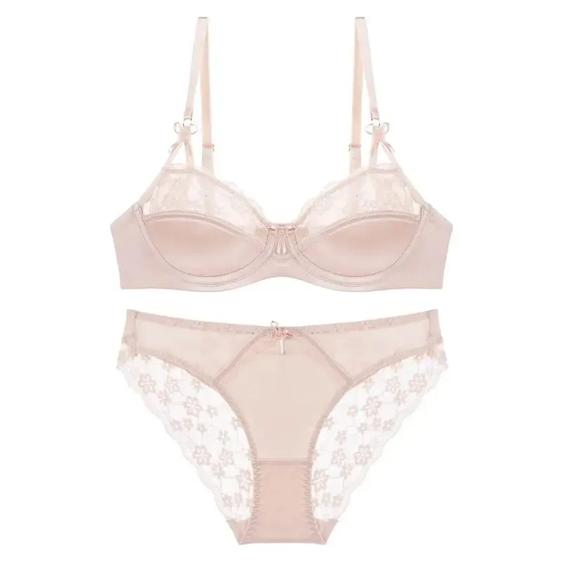 Women Thin French Half Cup Lace Bra Set Minimizer for Big Bust Push Up Anti-Sagging Side Support Comfort Sexy Daily Lingerie Set