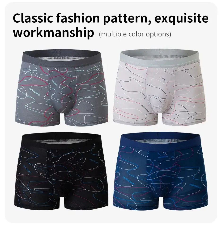 Sous-vêtements imprimés MODE HOMMES 4 pièces Boxers respirants à l'entrejambe pour adolescents Sous-vêtements confortables grande taille jusqu'à 6XL.