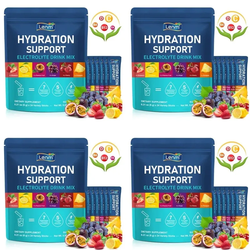 Lenm Electrolyte Drink Mix Powder with 7 Electrolytes and 5 Vitamins Sugar-Free Vegan Travel Hydration Support 24 Sticks