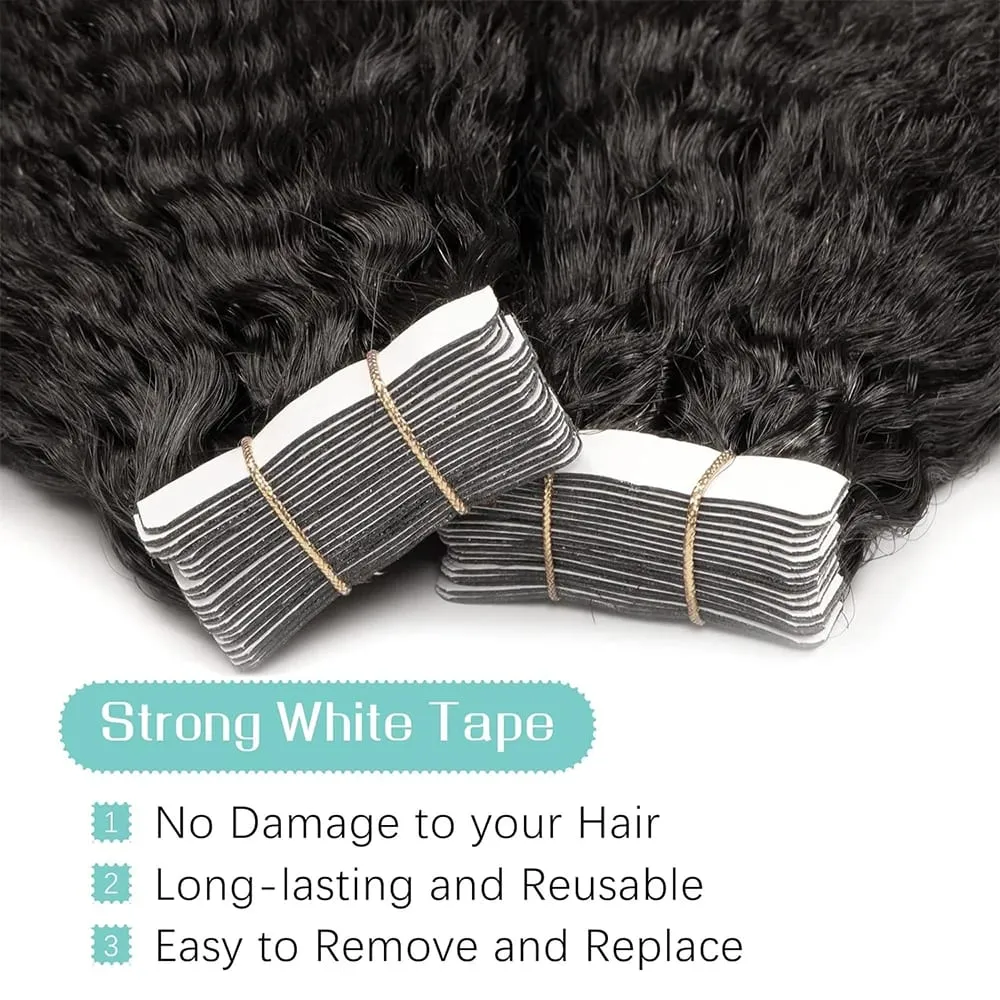 Kinky Straight Tape In Hair Extensions 20Pcs/50g Yaki Tape Ins Invisible Adhesive Glue Seamless Full Head Remy 100% Human Hair