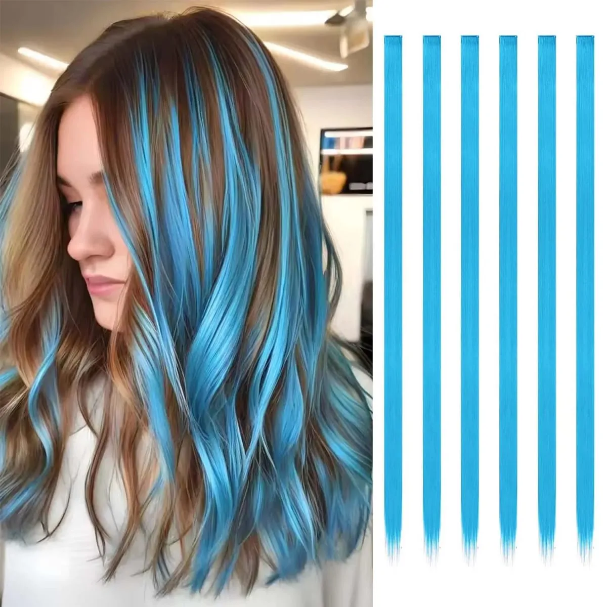 6 Pcs Clip Extensions Synthetic 24 Inch Colored Hair Extensions Party Highlights Long Straight Hairpieces for Women Kids Girl