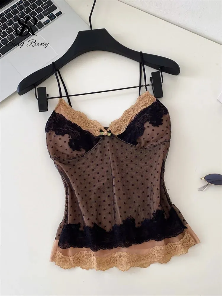 Polka Dot Mesh Lace Top French V Neck Shirred Stretchy Slim Backless Female Tank Top Summer Y2K Sensual Lazy Camisole