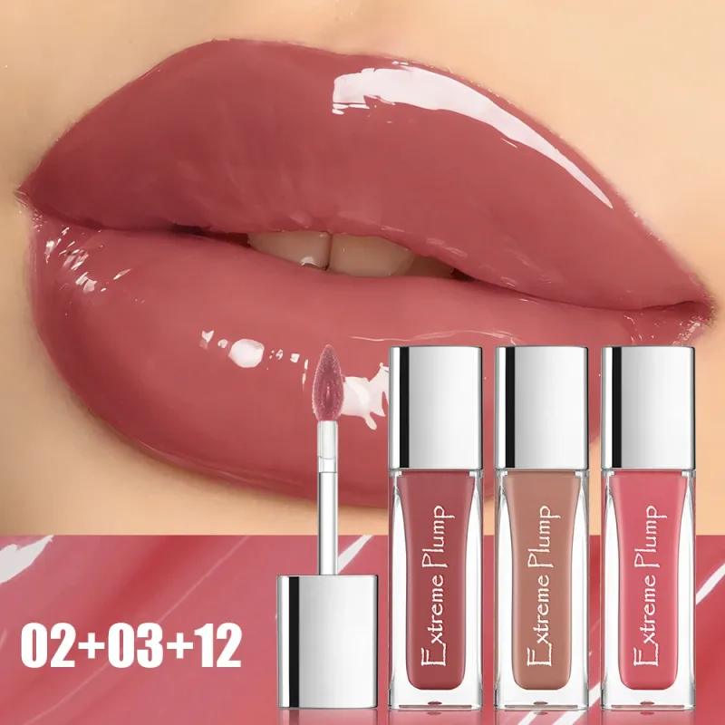 3 stk Extreme Plump Lip Gloss Sæt Spejlglas Finish Langvarig Hydrating Lip Glaze Ikke-klæbende Vandtæt nøgen flydende læbestift — image 3