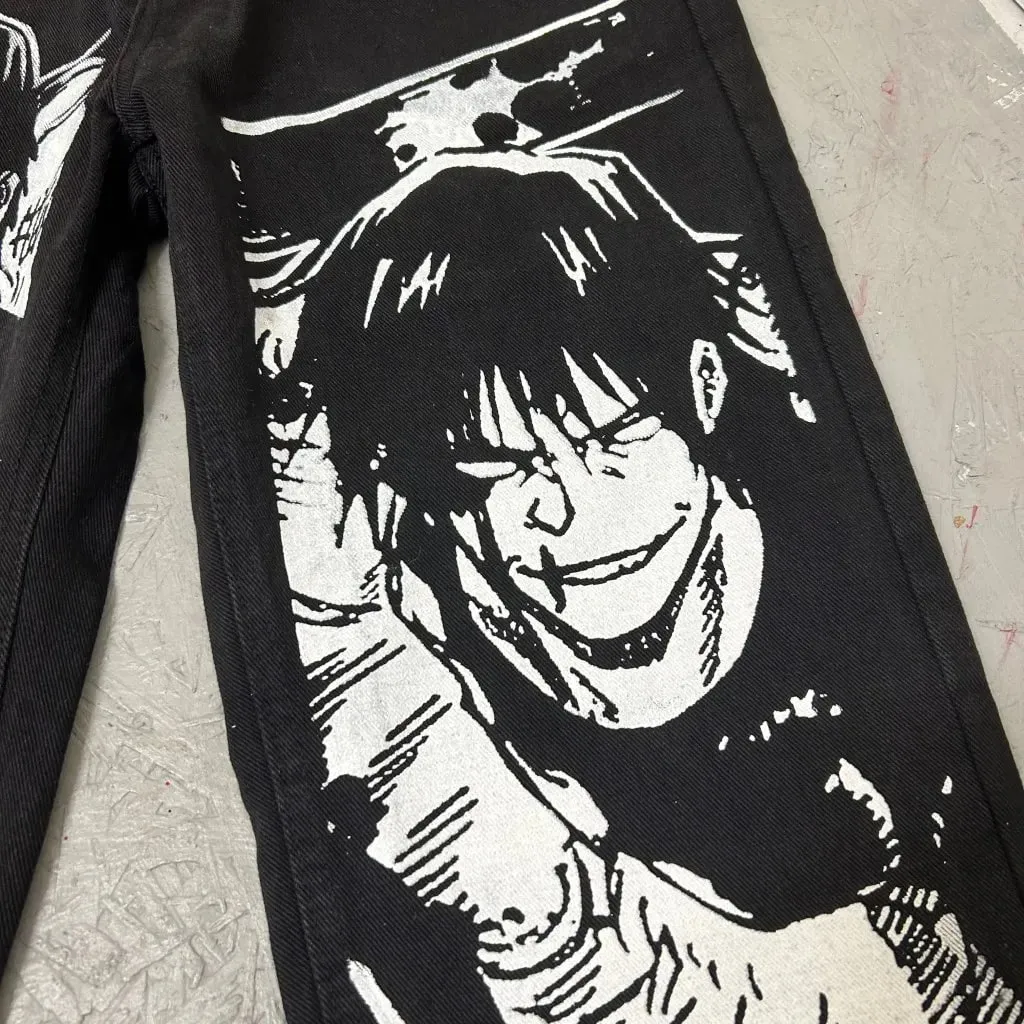 Harajuku anime characters printing jean new wide leg denim pants y2k mens jeans streetwear style couples trouser black jeans