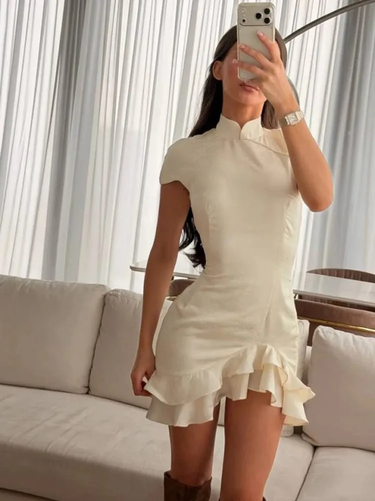White Satin Patchwork Lace Trim Dress Women's Stand Collar Short Sleeve Ruffle Draped Sexy Dresses 2026 Lady Date Vestidos