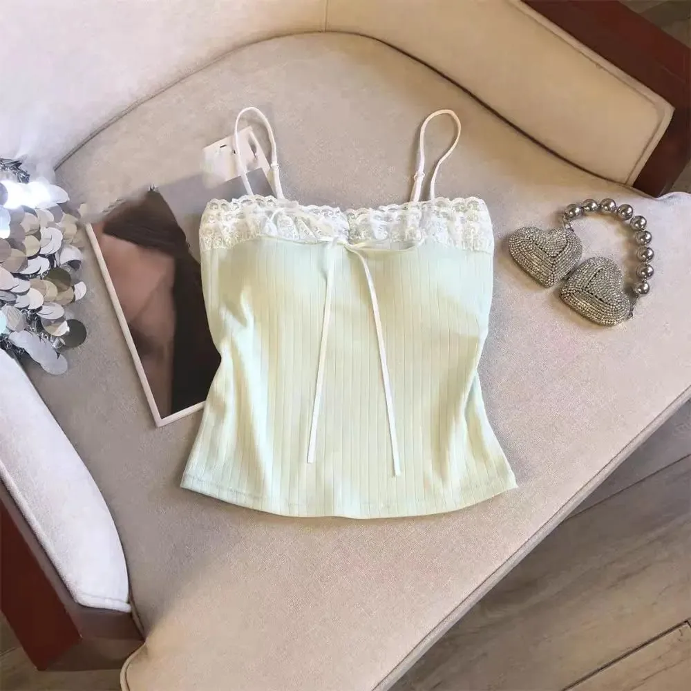 Korean Style Bow Slim Lace Crop Top Sweet Summer Girl's Vest Top Bottoming Shirt Spice Girls Style Camisole with Pads Lady