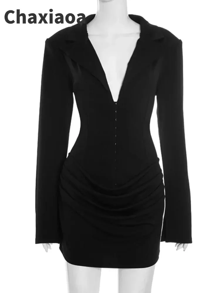 Chaxiaoa Long Sleeve Deep V Neck Ruched Sexy Mini Dress Women Autumn Winter Fashion High Waist Club Party Blazer Dresses Female
