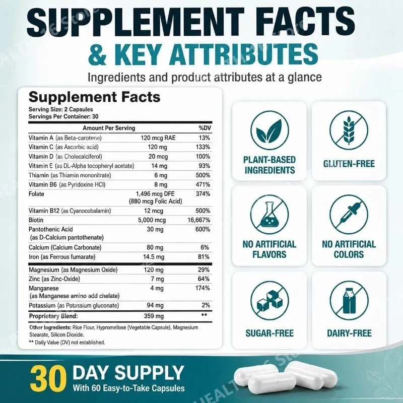 DHT Blocker Capsules with Biotin 5000mcg Vitamin C D E B6 & Zinc for Healthy Hair and Skin Support Gluten-Free 60 Count