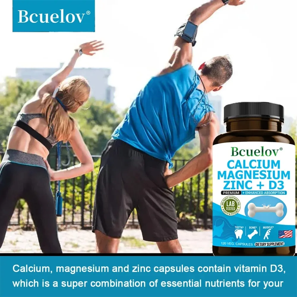 Bcuelov Cálcio Magnésio Zinco Suplemento de Vitamina D3 - Ossos Dentes Músculos Nervos Metabolismo Síntese de Proteínas Sistema Imunológico
