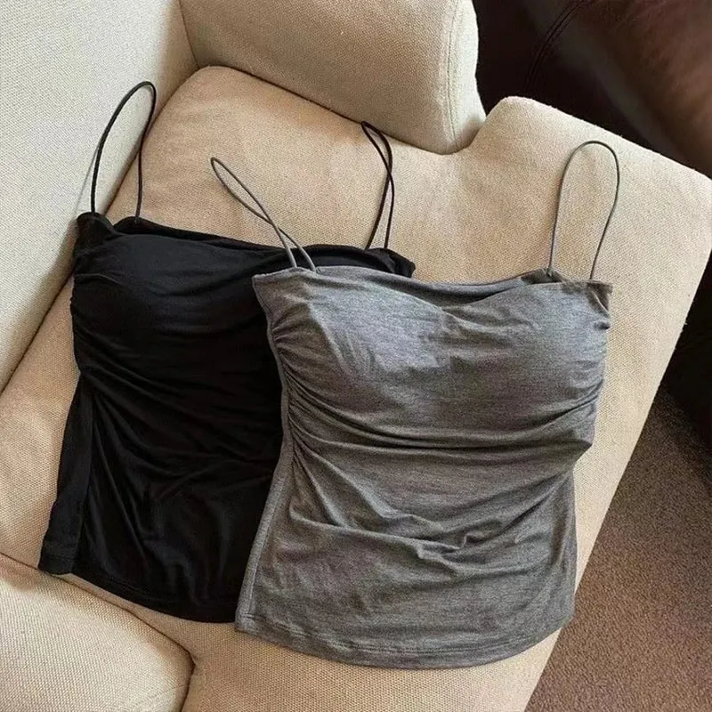 Sexy Solid Pleated Tank Camisole Women's Summer Spaghetti Strap Sleeveless Tops