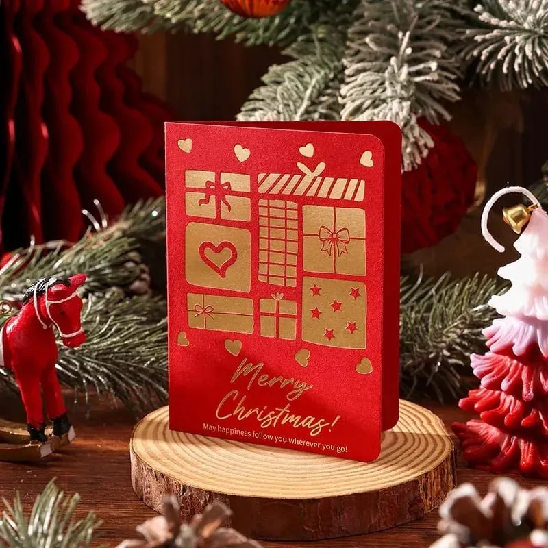 10Pcs Vintage Gold Foil Christmas Folding Greeting Cards Multi Pattern Blessing Holiday Cards New Year Postcard Gift Cards