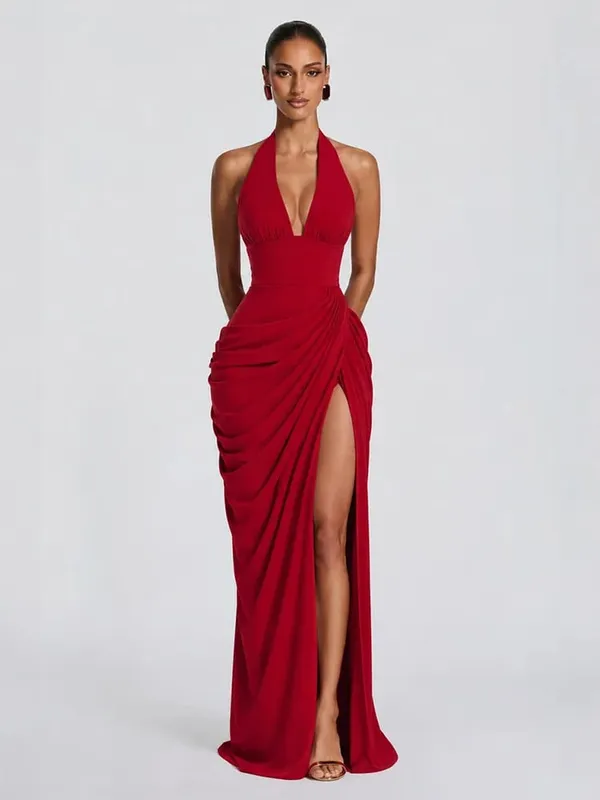 Sexy Solid Pleated Halter Dress Women Fashion Sleeveless Backless Waist-cinching Split Maxi Dresses 2026 Summer Lady Party Gowns