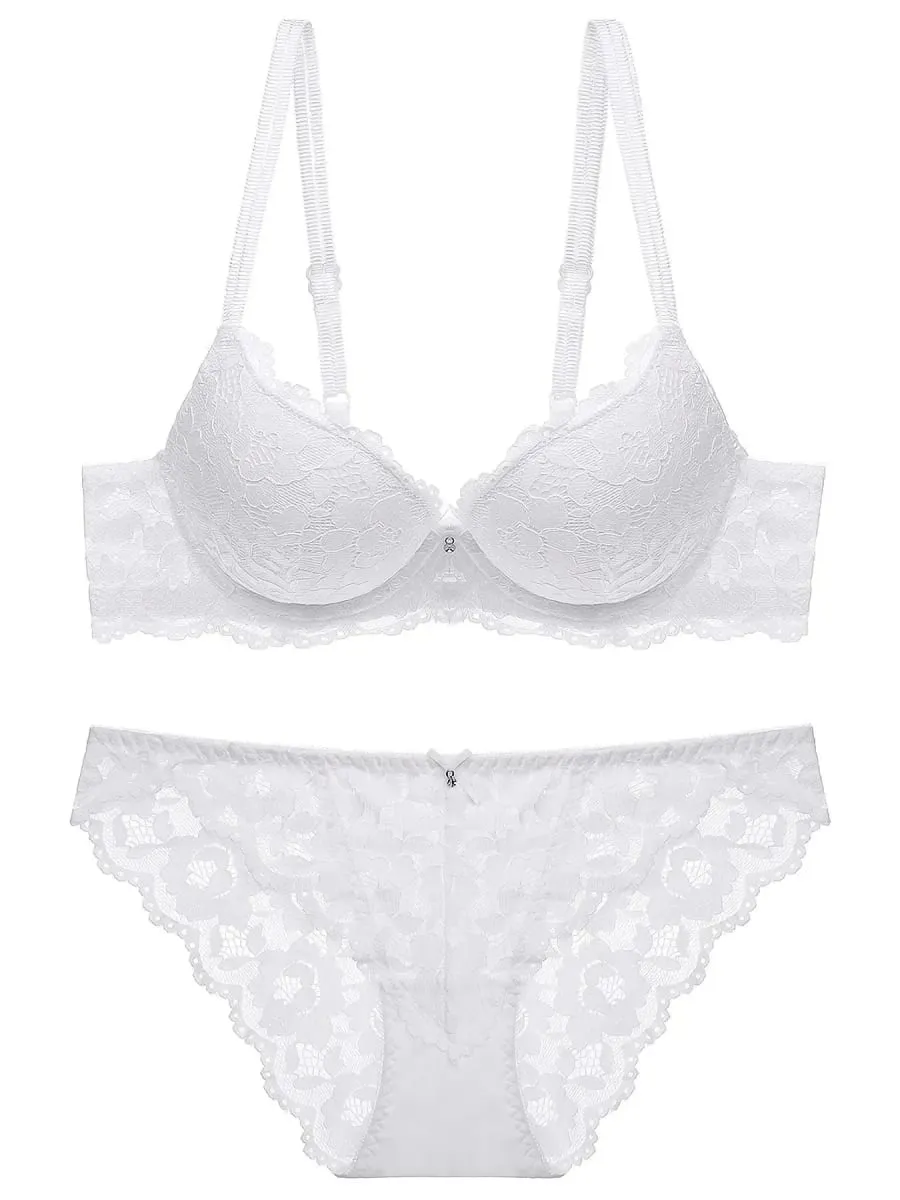 1 Set Elegant Lace Embroidery & Breathable Fabric Lingerie Set: Push-Up Bra Drop Waist Sheer Panty - Ultimate Valentine's Day