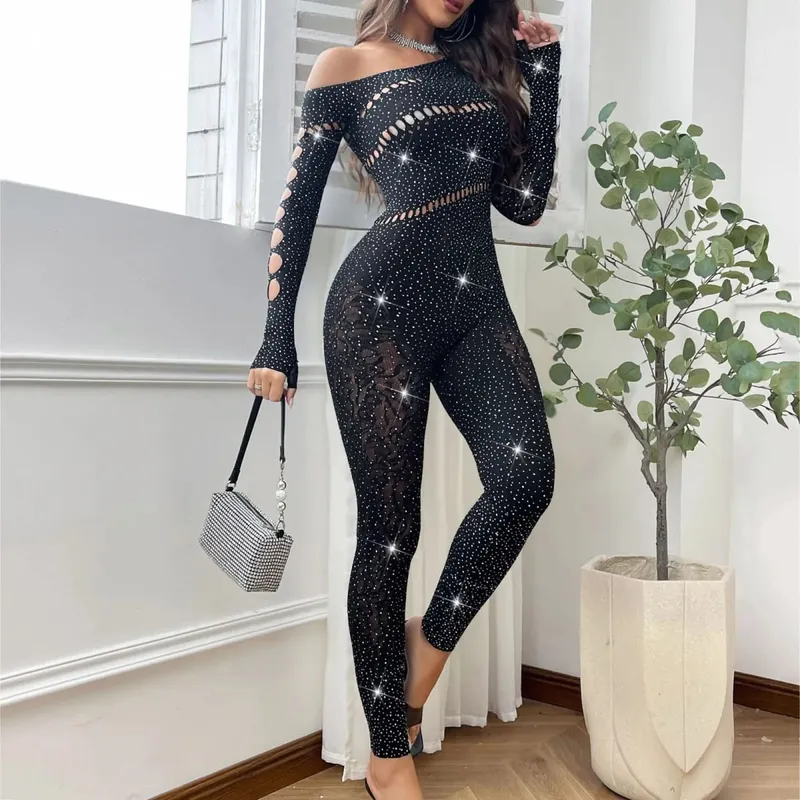 2025 Lace Embroidery Bra Set Women Sexy Mesh Rhinestone Jumpsuit Long Sleeve See Through Sexy Bustier Lingerie for Women