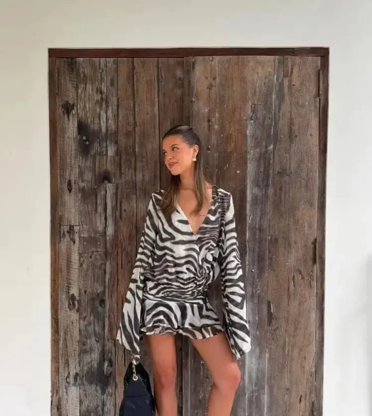 Women's Zebra Print Long Sleeve Mini Dress Zebra Print Long Sleeve Mini Dress Party Club Zebra Print Ruffle Dress Summer 2026