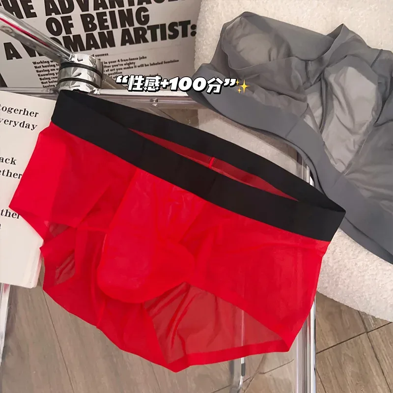 Slips transparents pour hommes Ultra-mince en soie glacée culotte à séchage rapide Sexy U poche bombée sous-vêtements pour hommes caleçons respirants Cuecas