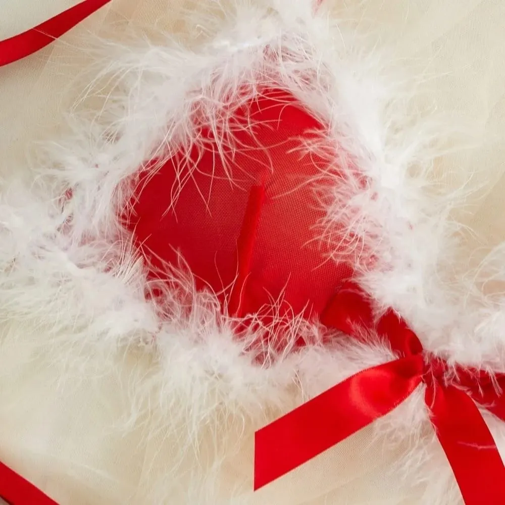 Christmas Furry Women's Underwear Mesh Transparent Bow Decor Lingerie Set Wireless Romantic Intimate Bra Panties Suit Christmas