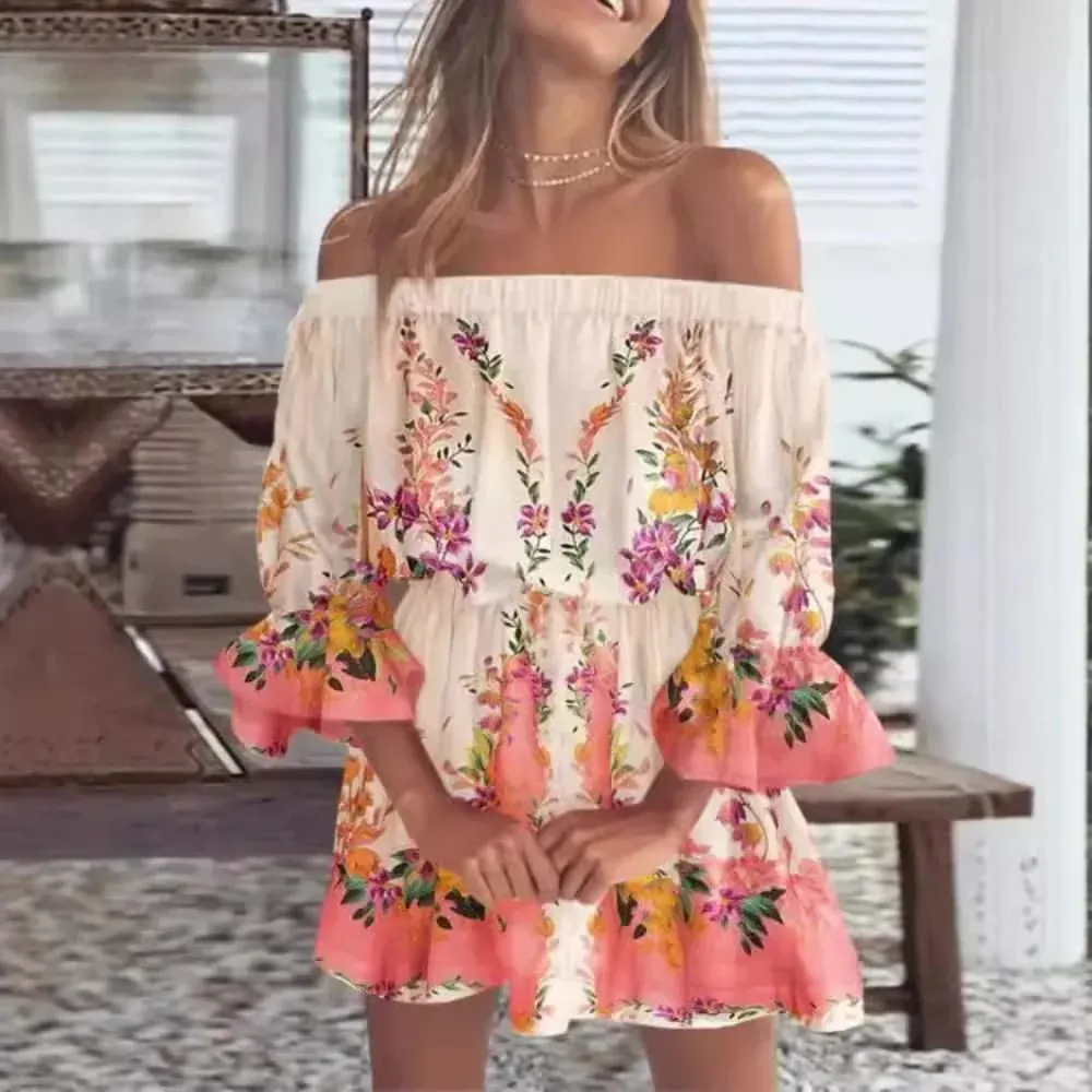 Women Off-Shoulder Ruffled Sleeve Printed Dress with Casual Boho Style for Beach or Vacation Occasions