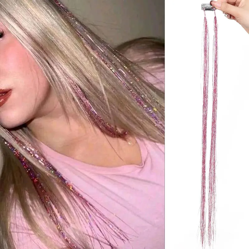 24 inch 1Pcs Colored Hair Extensions with Tinsel Long Straight Hairpiece Color Party Highlights Clip in Synthetic Hair Extension